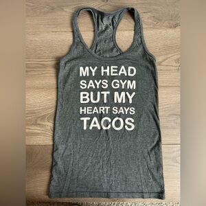 Center Stage Graphic Gray Racerback Tank Top - Gym and Tacos Size Small